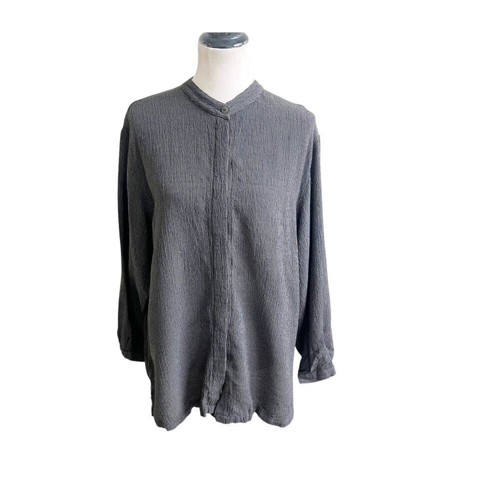 Eileen Fisher Shacket Women's L Gray Crinkle Textured Mandarin Collar Lagenlook